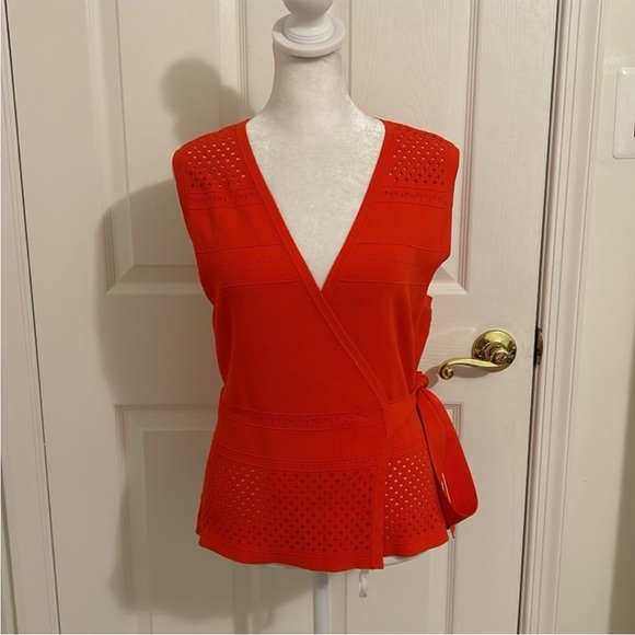 Diane Von Furstenberg Saffa Perforated Knit Wrap Top in Spicy Orange Size Medium - Picture 2 of 10